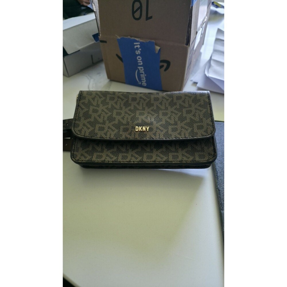 DKNY Logo Print Brown/Black Crossbody Bag Detachable Strap Gold Hardware